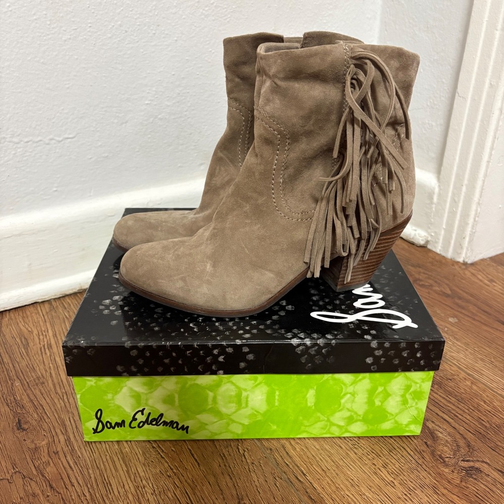Sam Edelman Louie Tan Suede Fringe Ankle Boots Womens 10 M Western Festival Boho